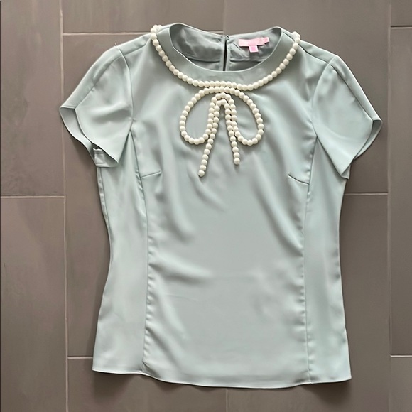 Ted Baker London Light Green Blouse with like Pearl Bow Detailing - Picture 1 of 16